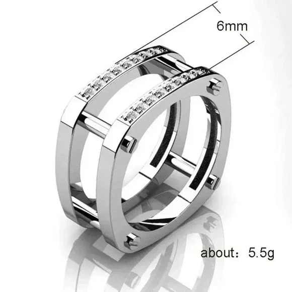 ▶Square Glitter Zircon Double Layer Silver Plated Ring for Men, L187